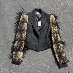 Judy Zhang NWT‎ Designer Runway Black Gold Cropped Blazer Fringe Sleeve Jacket